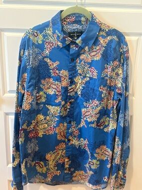Houston White Blue Paisley Floral Print Mens Button Down Shirt
